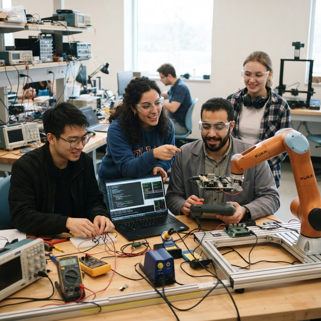 Students working with a robotic arm in a research laboratory