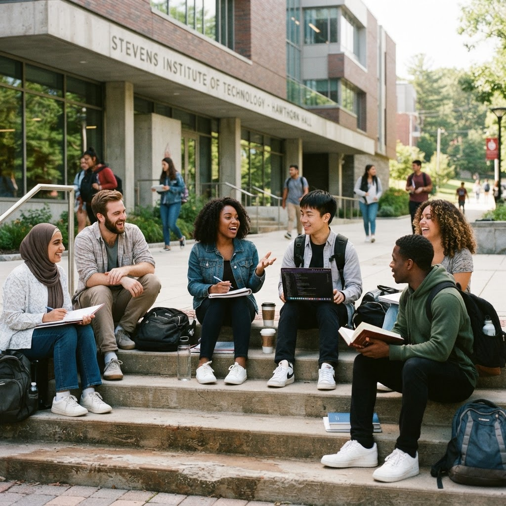 International students talking on the steps of a campus building